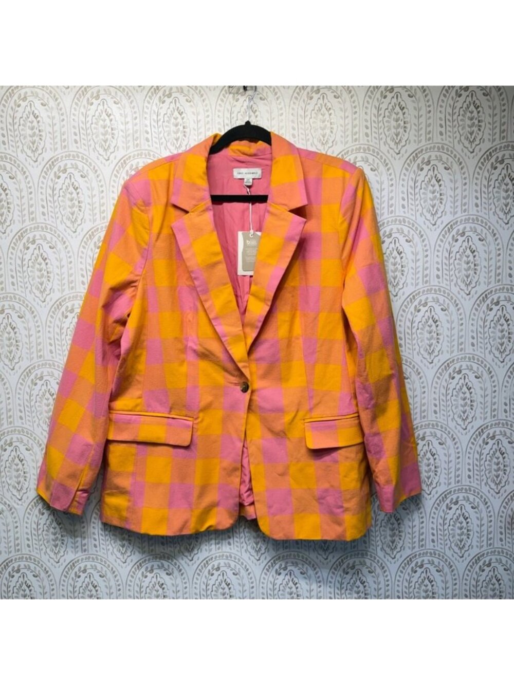 Free Assembly Blazer Womens XXL Pink Orange Gingham Plaid Single Button Jacket